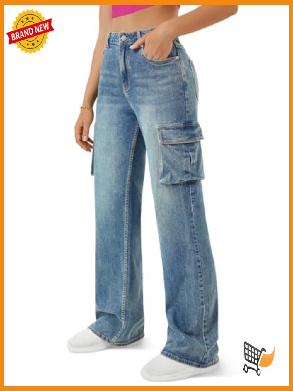 High Waist Baggy Cargo Jeans Y2K Wide Leg Denim Pants Flap Pocket Streetwear - Picture 4 of 7